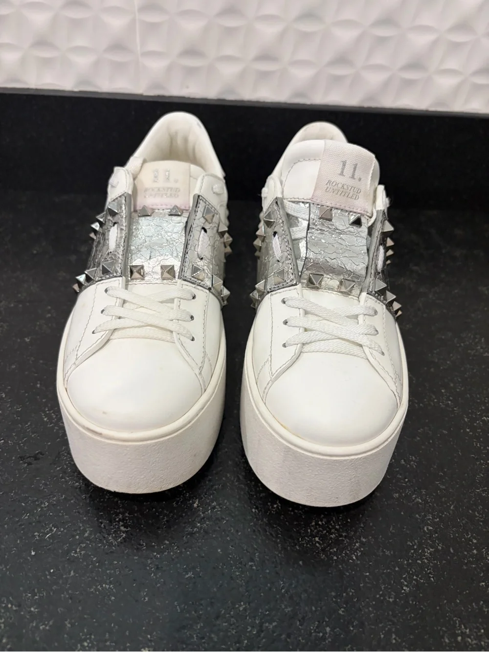 Valentino Garavani White Platform Sneakers with Silver Stud Accent